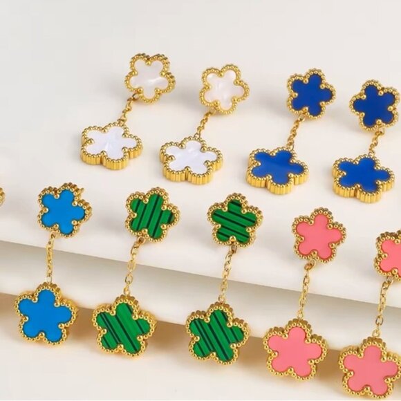 Alhambra White Luck Four Clover Gold Flower Stainless Steel Drop Earrings - Picture 2 of 5